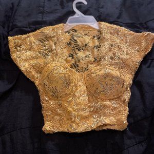 Hurry Up! Vintage Yellow Sequin Lace Bustier Size 32 Crop Top